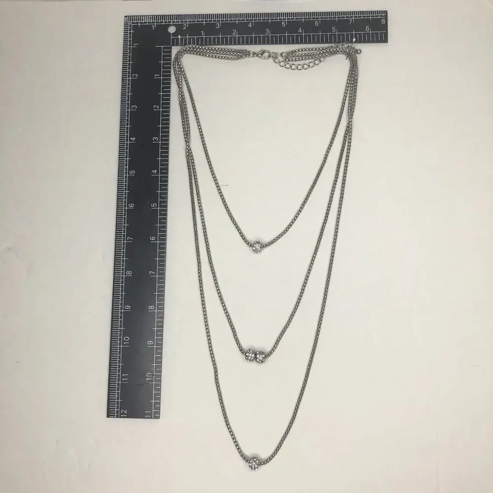 Layered Necklace with Pave Stone Embellished Beads Silver Tone Chain